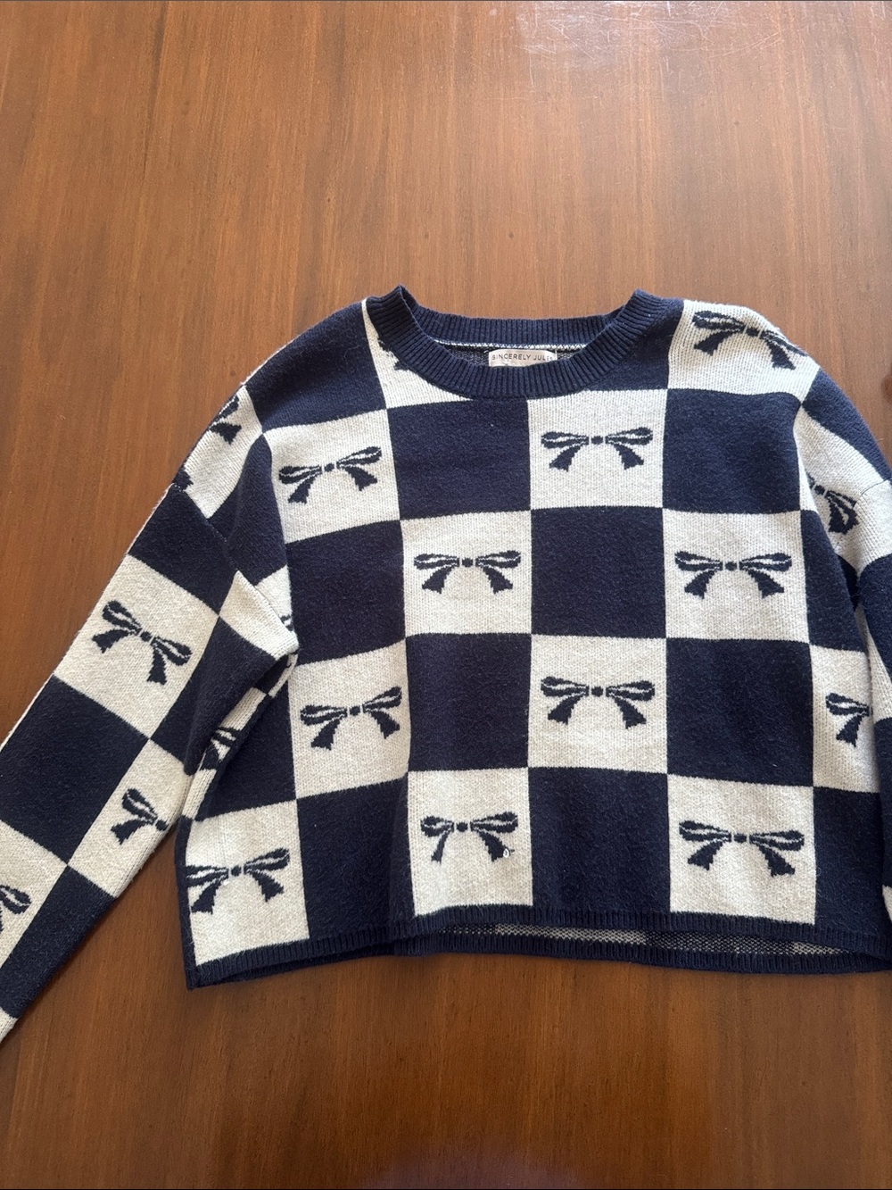 Sincerely Jules Navy & Cream Checkerboard Bow Knit Crew Sweater